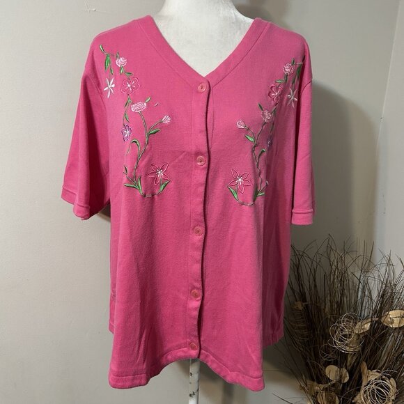 BRIDGE GATE Women Pink Short Sleeve Button Up Top Embroidered Floral VNeck Sz 2X - Picture 1 of 5
